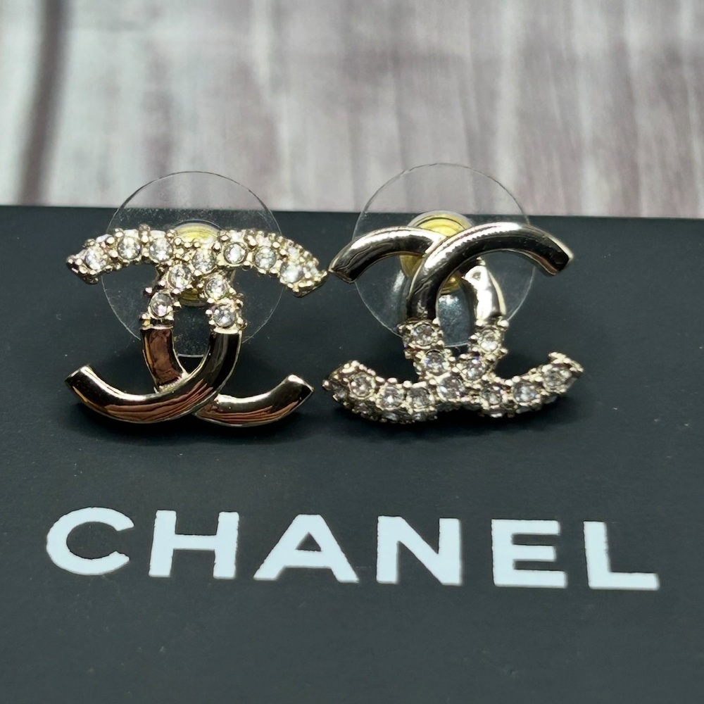 CHANEL Silver CC Rhinestone Accent Pierced Stud Earrings + Box & Bag - Picture 10 of 15